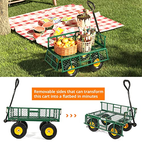 Yardsam Heavy Duty Steel Garden Cart With No-Flat Tires And Liner, 400Lb Capacity Lawn Yard Wagon With Flat-Free Tire Solid Wheels And Removable Sides For Outdoor, Gardening, Farm, Ranch - Green #TOP4