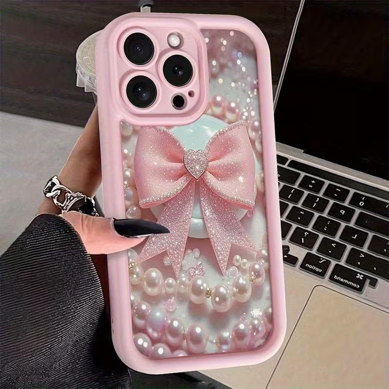 Image of COVERLY Cute Necklace Bowknot Back Case Cover for iPhone 12 Pro | Hot Pastel Pink Ribbon Bow Pearl Design | Camera Lens Protection | Soft Silicone Aesthetic Cover for Girls & Women (Pink, Shockproof)