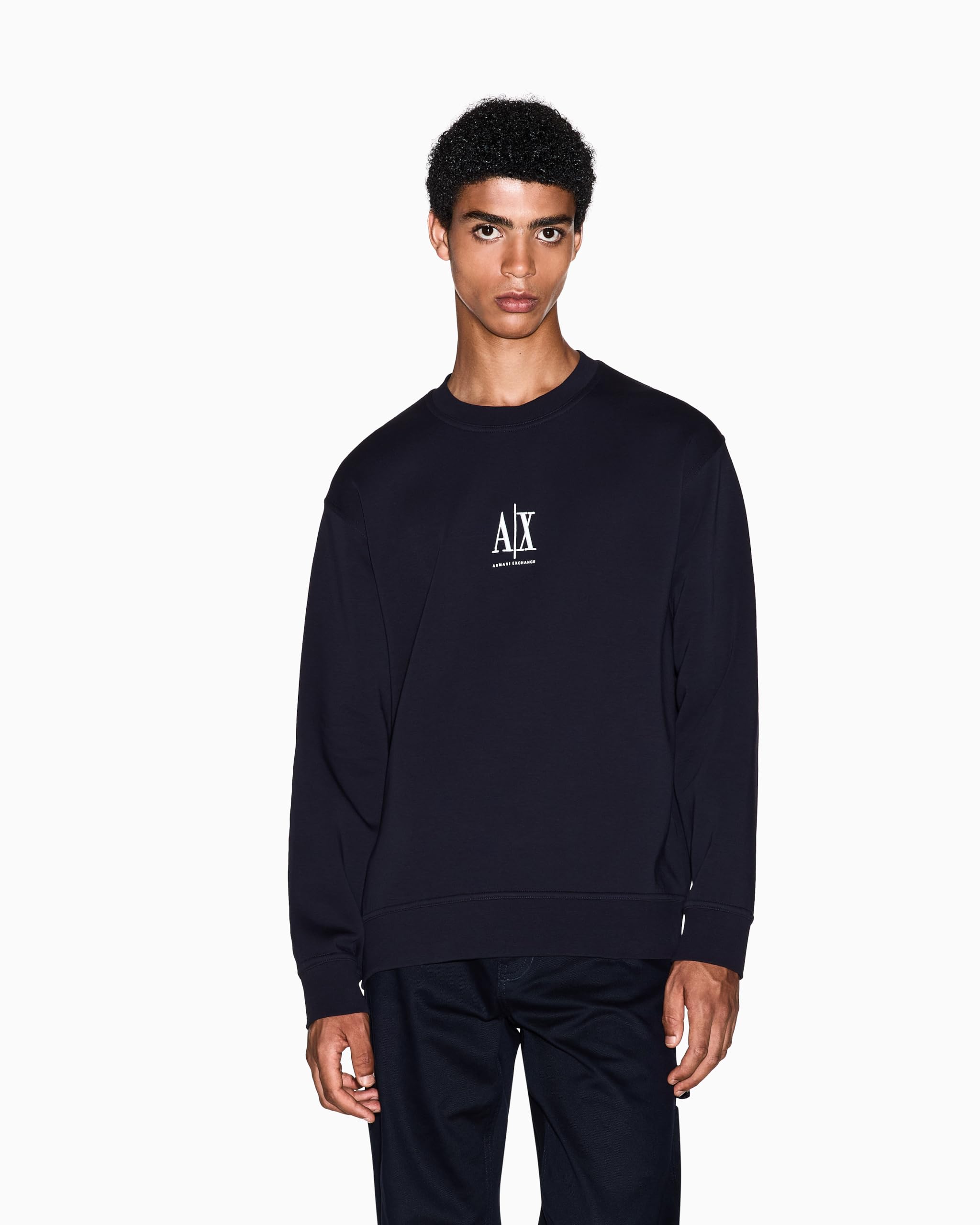 Armani Exchange Men's Navy Blue Crewneck Sweatshirt With Embroidered Logo