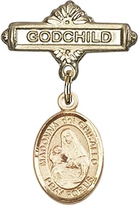 14kt Yellow Gold Baby Badge with St. Madonna Del Ghisallo Charm and Godchild Badge Pin 1 X 5/8 inches