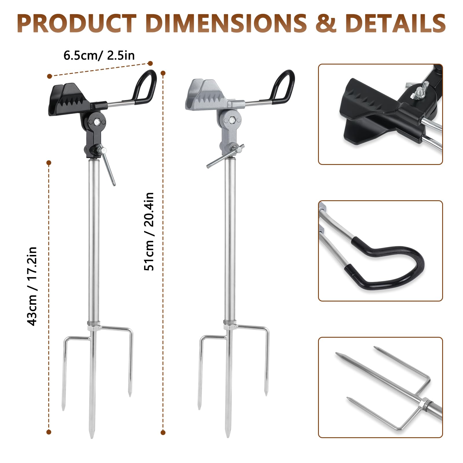 Stedan Lot de 2 supports de canne à pêche argentés, support multifonction en acier inoxydable, texture réglable à 360 ° et amovible, facile à transporter