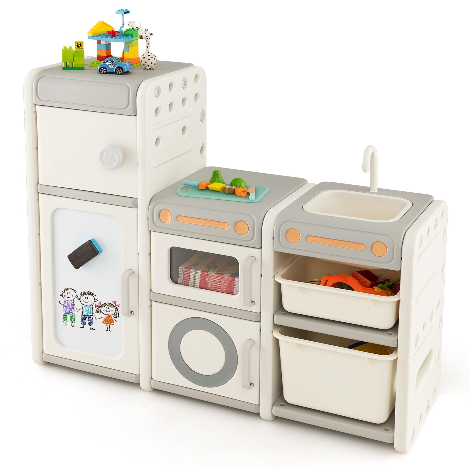 RELAX4LIFE Scaffale per Giocattoli per Bambini, Libreria per Bambini con Lavagna Magnetica, Pennarelli e Cancellino, Mobile Porta Giochi a Forma di Cucina per Asilo Nido e Cameratta