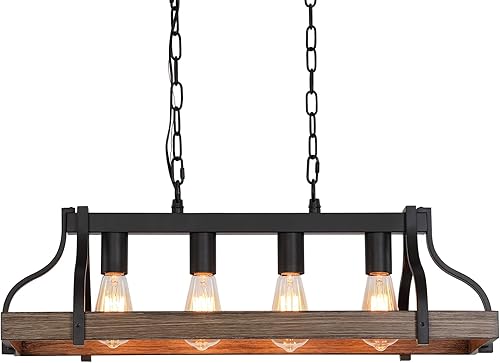 Miniatura 9 de Lámpara rústica para isla de cocina, comedor, lámpara lineal de granja, acabado de madera retro y 4 luces, colgante de metal industrial con