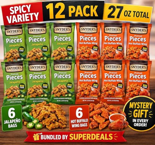 Image of Snyder's of Hanover Pretzel Pieces Spicy Variety Pack, 12 Bags (2.25 oz Each, 27 oz Total) | 6 Jalapeno + 6 Hot Buffalo Wing Pretzels | Bundled by SUPERDEALS with Mystery Gift