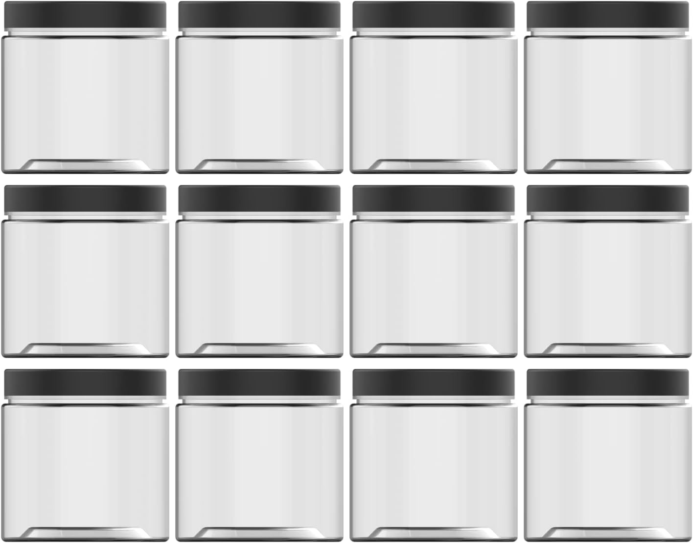 14oz (420ml 12 Pack) Empty Clear Wide Mouth Plastic Jars with Matte Black Lids and Labels - Round PET Containers for Food Storage and Dry Goods,Craft and More - BPA Free