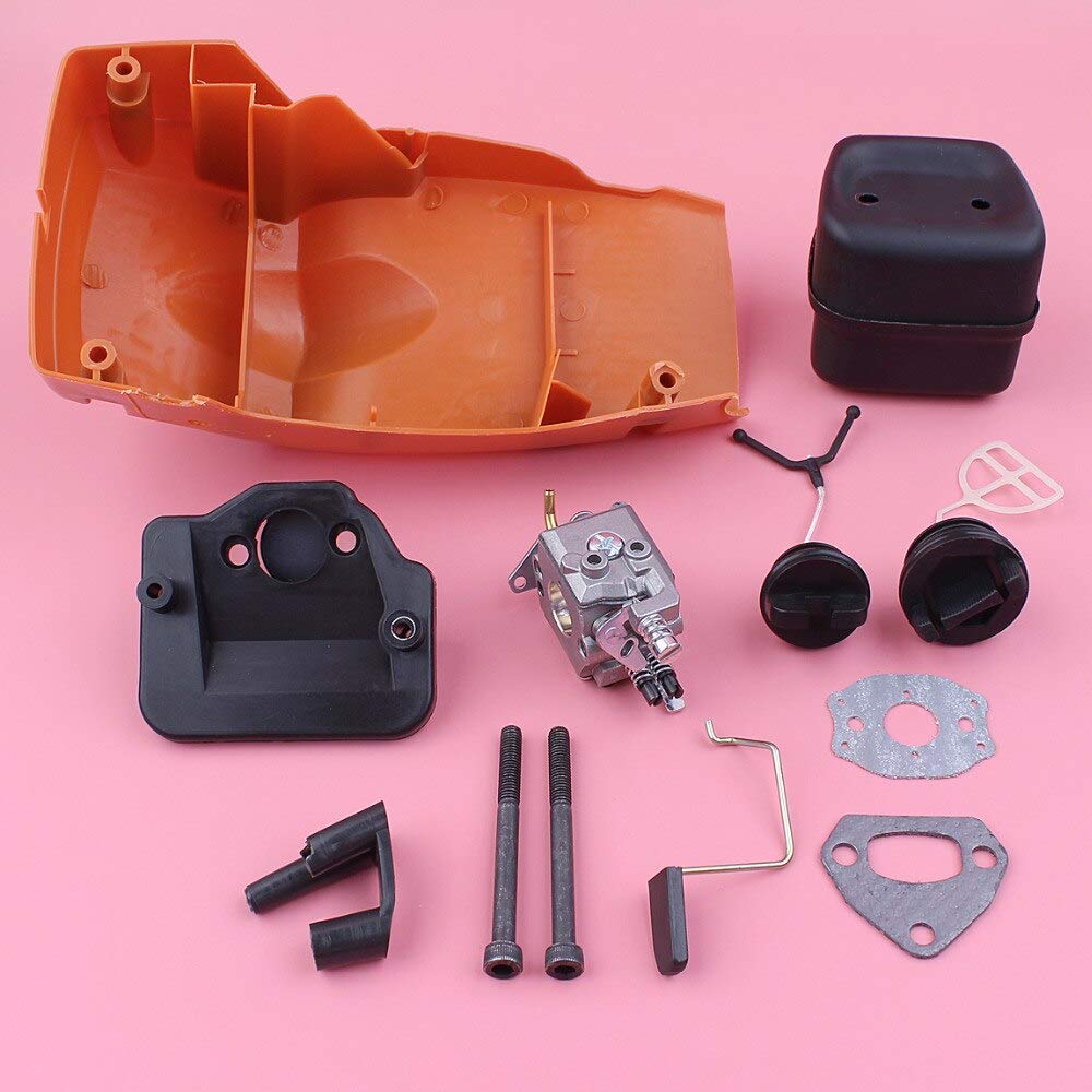 Carburador de cubierta de motor de cilindro superior para compatible con Husqvarna 137 142, silenciador de escape, filtro de aire, tapa de combustible y aceite, repuesto de motosierra