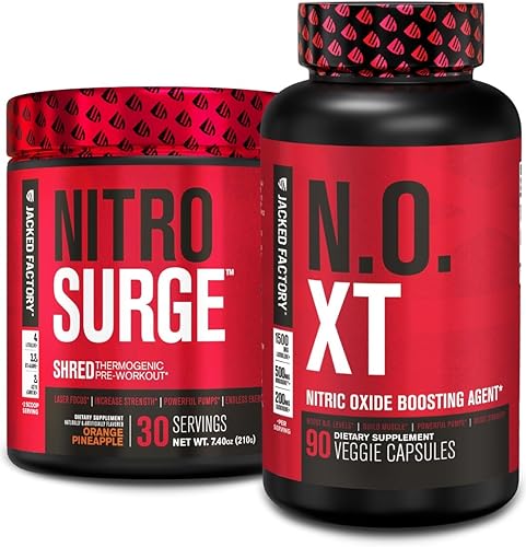 Jacked Factory Nitrosurge Shred Termogénico Pre-Entrenamiento en Piña Naranja y Potenciador de óxido nítrico N.O. XT para hombres y mujeres