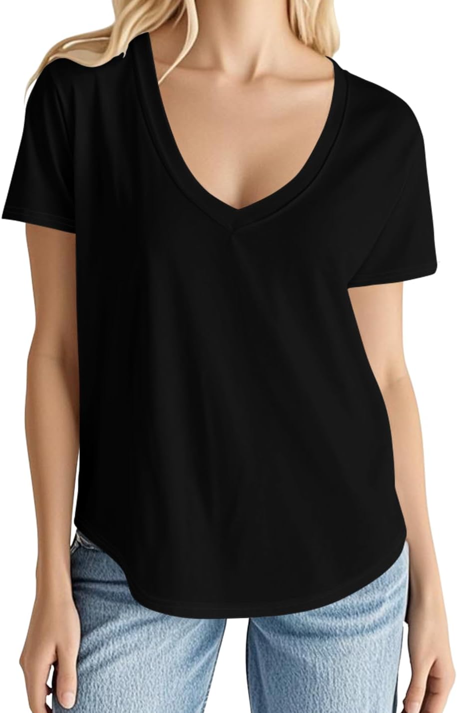 Smile Fish Women Short Sleeve V Neck T-Shirts Loose Fit Tops Summer Casual Top Tees