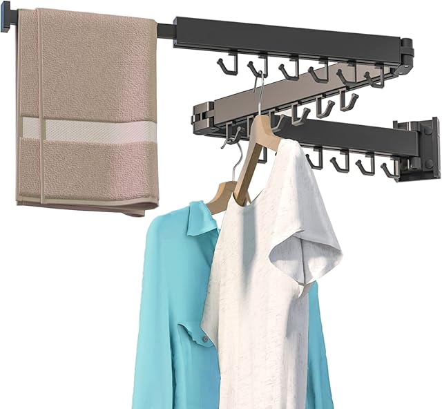 BONYCUST 3 Fold Retractable Clothes Drying Rack, Wall Mounted Clothes Hanger Collapsible for Balcony, (Black)