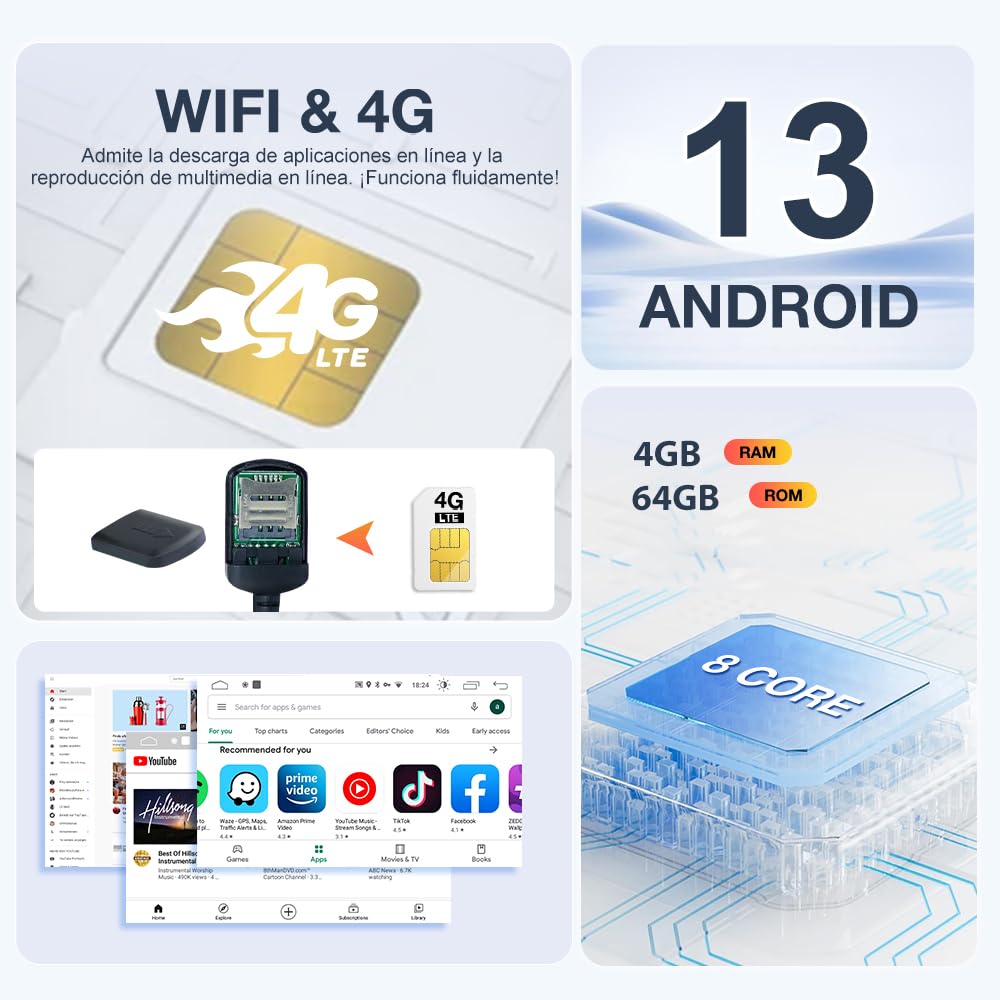 Android 13.0 [4GB+64GB] Radio Coche 1 DIN Universal con Pantalla Táctil Inclinable y Giratoria de 10.6 Pulgadas, Autoradio Admite CarPlay/Android Auto Inalámbrico/WiFi/4G/Bluetooth