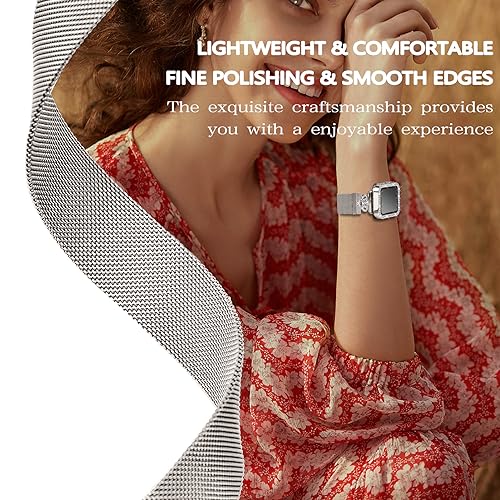 Magnetic Band Compatible with Apple Watch 38mm 40mm 41mm 42mm 44mm 45mm 46mm Stainless Steel Metal Strap with Bling Case and Built-in Screen Protector, Dressy Milanese Loop iWatch Bands for Women