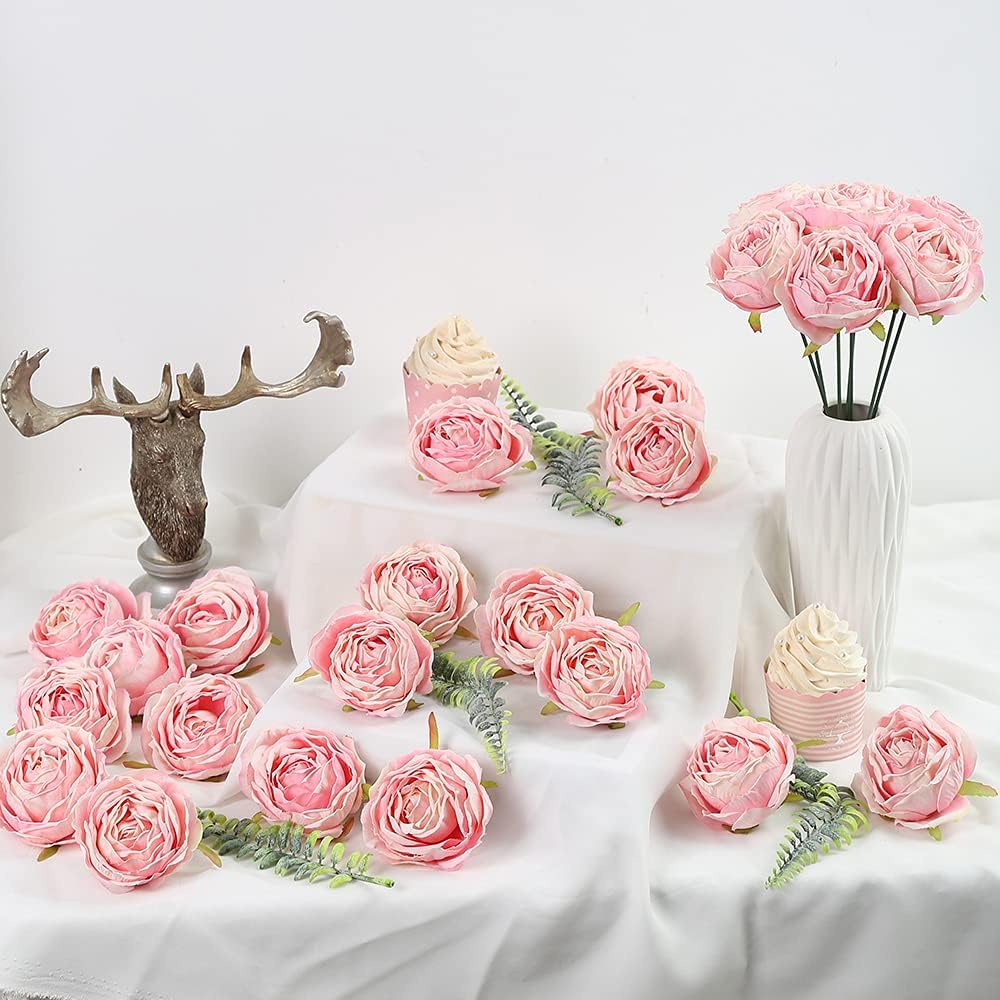 IPOPU Pink Artificial Flowers Rose Heads 25PCS Dried Pink Flowers Artificial Roses with Stems Fake Flowers for Bridal Shower Decorations Silk Flower Heads Bulk Arrangements (Pink) - Image 7