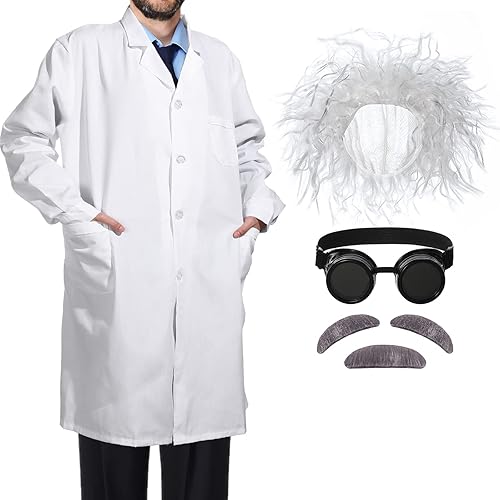 6 Pieces Mad Scientist Costume Set 100th Day of School Mad Scientist Wig White Lab Coat Mustache Goggles for Adult