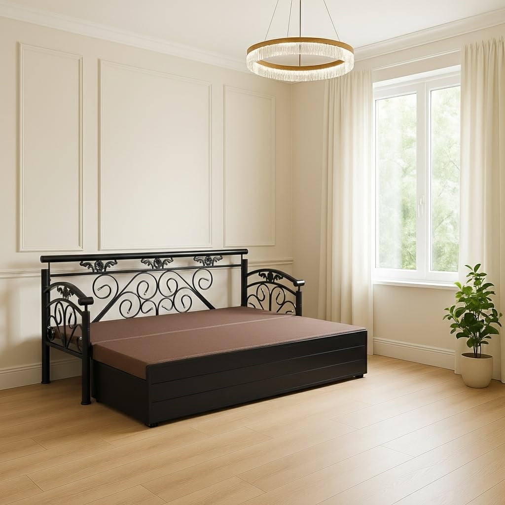 Royal Interiors Wiki 3 Seater Metal Sofa Cum Bed with Hydraulic Storage | King Size Sofa Cum Bed with Cushion | 3 Seater Sofa Set, Metal Sofa Set for Living Room (Brown with Black Finish)