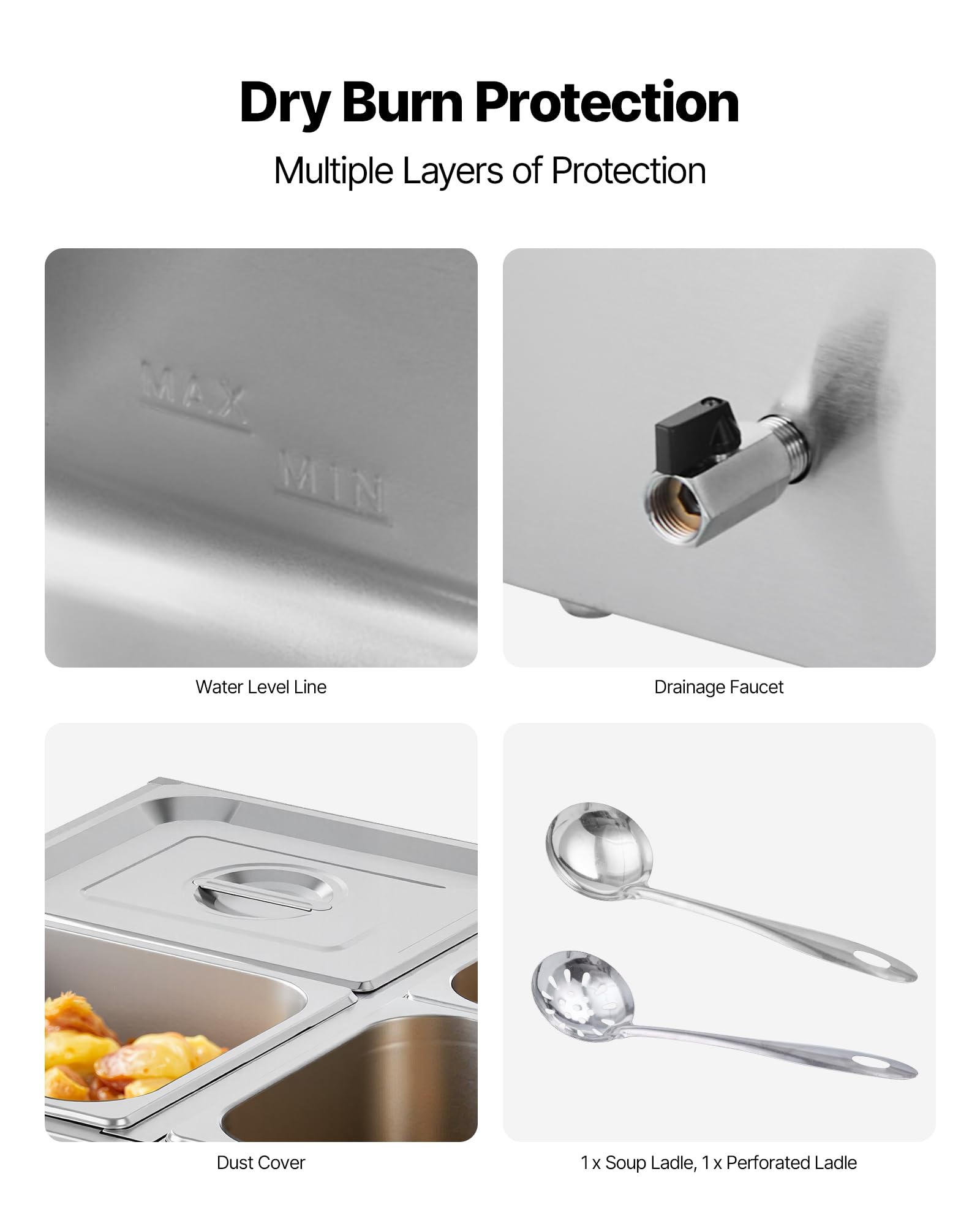 VEVOR Calentador de Alimentos 1500 W, Eléctrico, Acero Inoxidable, con Vapor y Tapa, a 4 Bandejas de Calentamiento Rápido, a Buffet de Encimera, Baño María con Cucharones para Sopa y Perforados