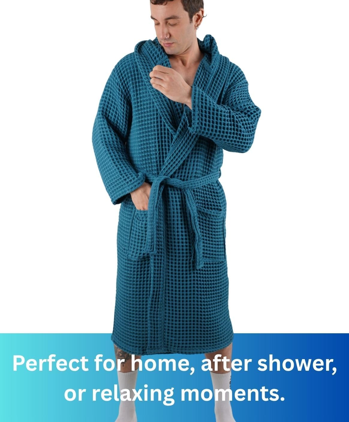 100% Cotton Hooded Waffle Bathrobe for Men (US, Alpha, XX-Large, Petrol Blue)