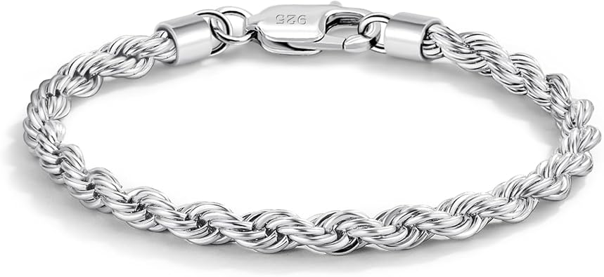 Dankadi Men Diamond Cut 925 Sterling Silver 5mm Twist Rope Chain Bracelets Women Bangle Clasp Rope Box Chain 6.3" 6.7" 7" 7.5" 8" 8.5" 9" 24k Real Gold Plated Cuff Jewelry Gifts