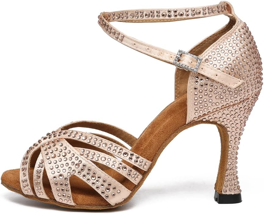 AOQUNFS Rhinestones Latin Dance Shoes Salsa Ballroom Practice Performance Dance Shoes for Women,L489,Beige-9,US 7.5