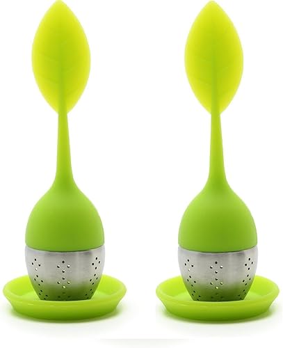 Miniatura 1 de Cherion Juego de 2 bolas infusoras de té  Infusor de té suelto con bandeja de goteo  Lindo mango de hoja de silicona como tapa con bola de acero