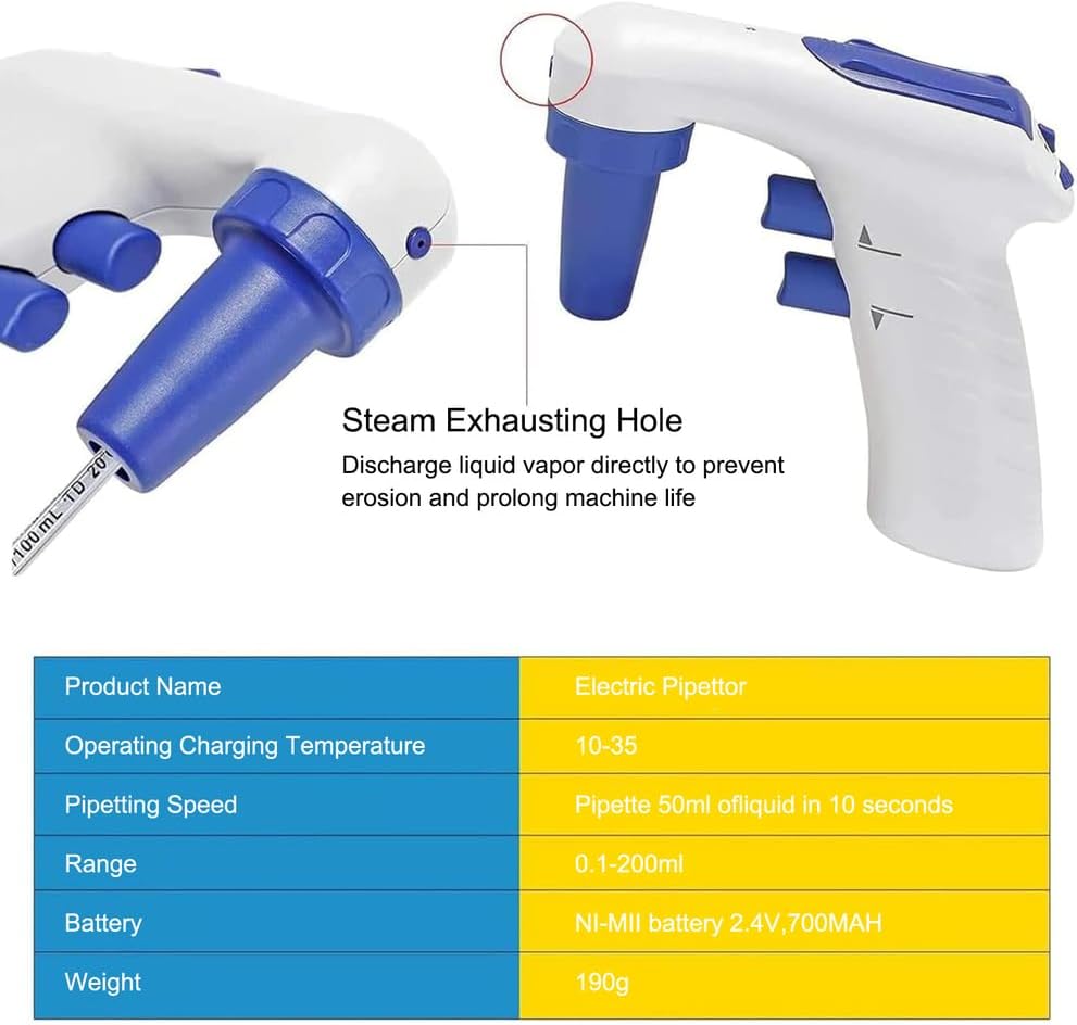 Lab Electric Pipette Pump, Electronic Motorized Pipette Filler Volume Range 0.1-200ml Adjustable Volume Pipette for Biology Chemical Laboratory