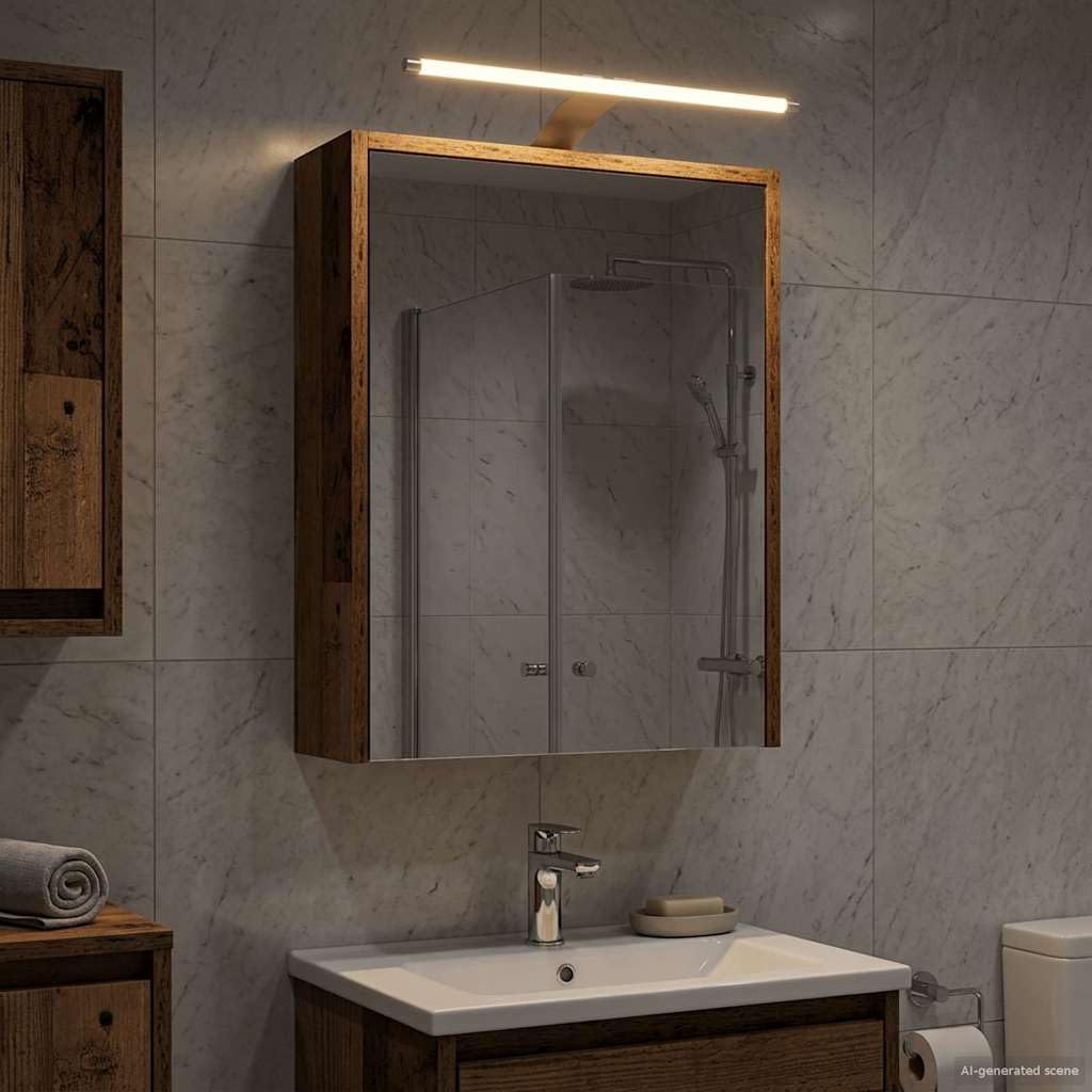 Mangloder Armadietto da bagno a specchio in legno anticato con strisce LED, 43 x 16 x 62,5 cm, montaggio a parete, specchio bidirezionale, 1 anta, 2 ripiani, portaoggetti per lavandino, bagno