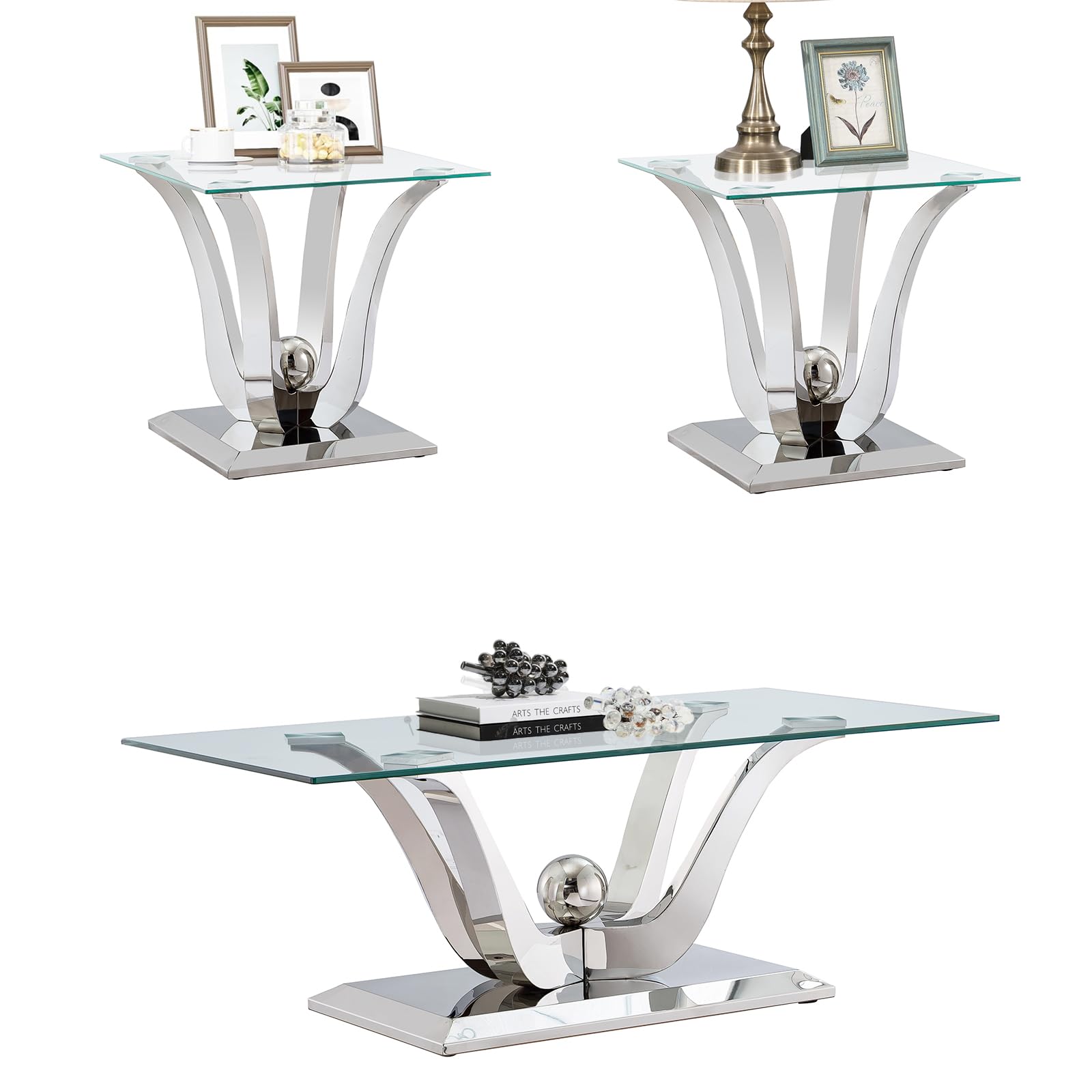Luxury Glass Coffee Table Set of 3 Piece Silver Living Room Table Set of 3 Including Coffee and End Tables Set,Gorgeous Stainless Steel Frame, Clear