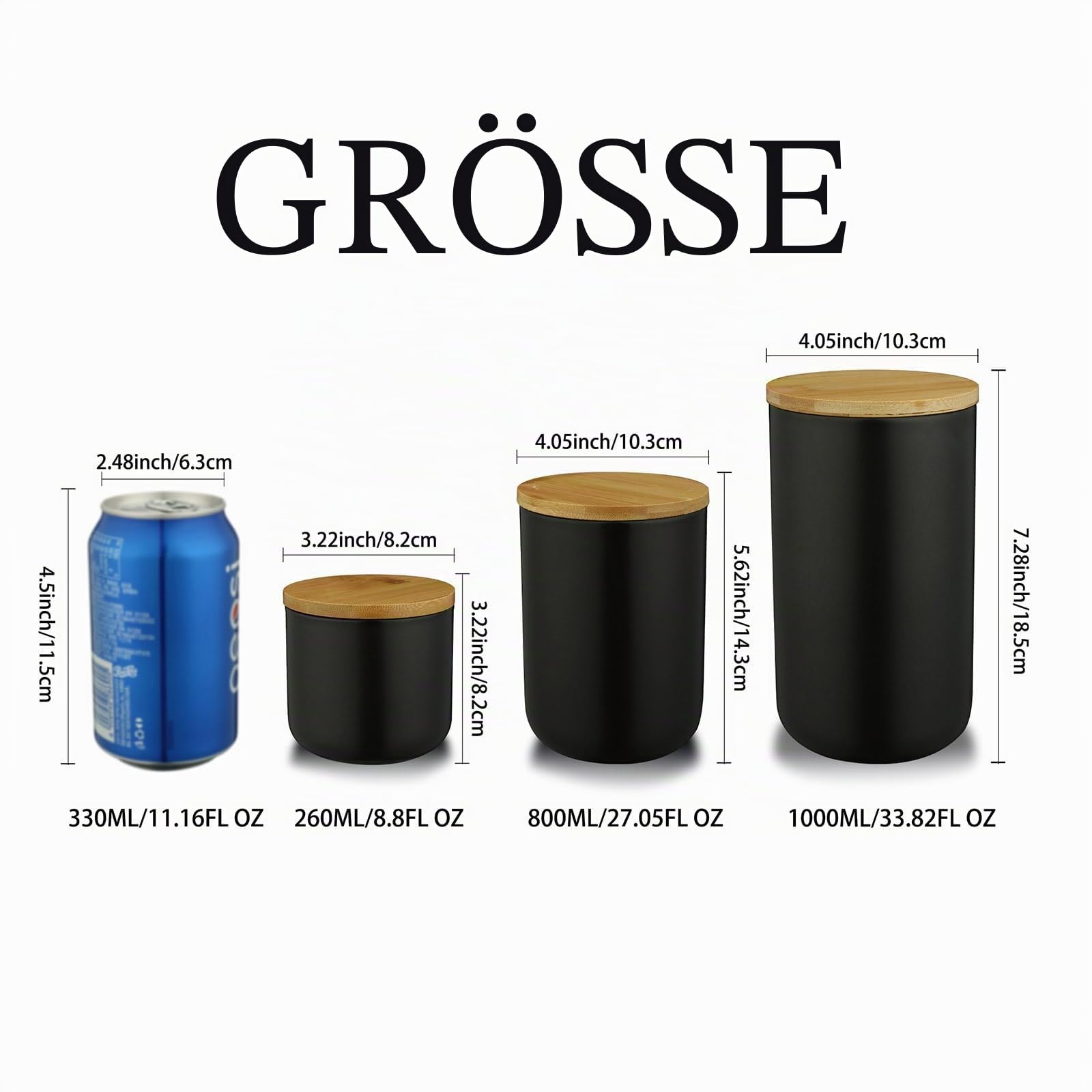 Frischhaltedose in modernem Design mit luftdichtem Holzdeckel, Keramik-Frischhaltedose, Frischhaltedose für Kaffee, Zucker, Tee, Gewürze usw. (Schwarz, 260 ml)