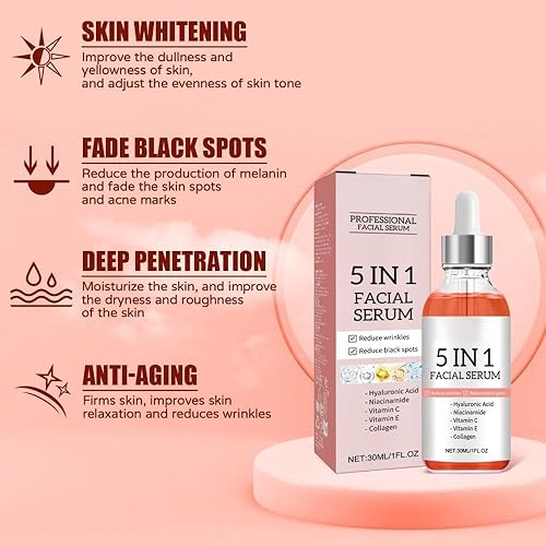 Miniatura 2 de Suero facial 5 en 1 con ácido hialurónico, niacinamida y vitamina C, suero antienvejecimiento para manchas oscuras, arrugas y acné, esencia de piel
