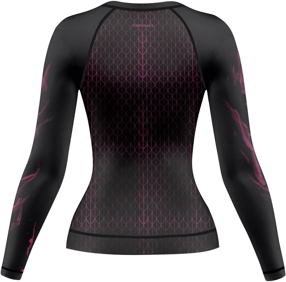 FORMONIES Women's Dragon Compression Shirt Long Sleeve Rash Guard for MMA BJJ Grappling Training Fight Gear