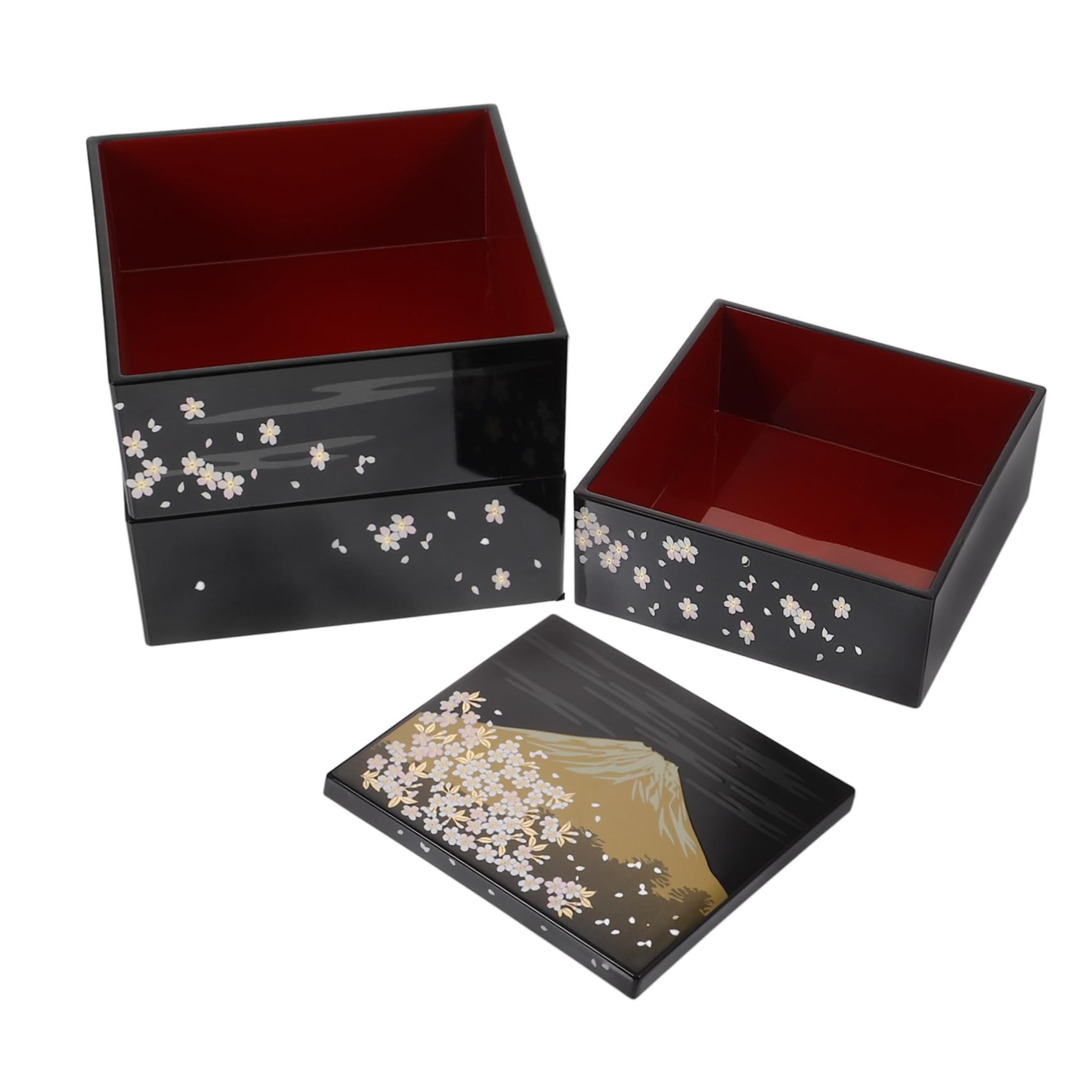 Boîte Bento Japonaise à Sushi, 3 Niveaux, Plastique Noir, Motif Mont Fuji, Réutilisable, pour Déjeuner et Desserts, Usage Quotidien