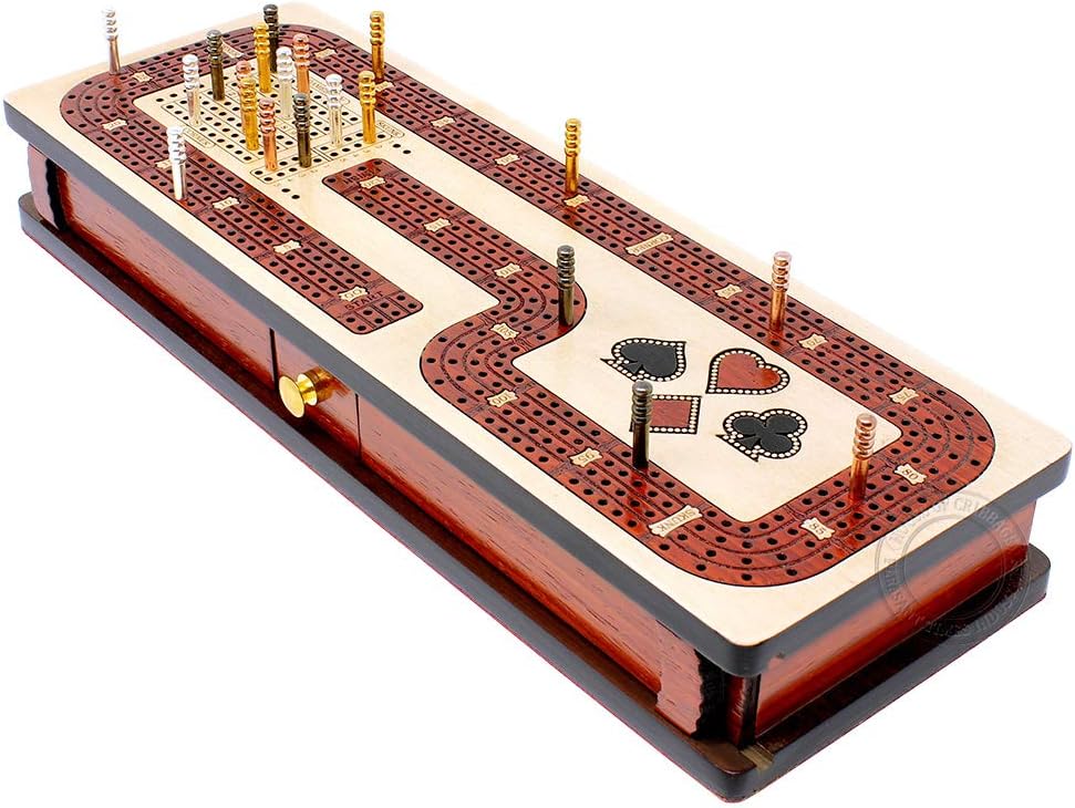 House of Cribbage - Continuous Cribbage Board/Box Inlaid in Maple/Blood Wood: 4 Track - Cards and Pegs Storage Drawer with Score Marking Fields for Skunks, Corners and Won Games