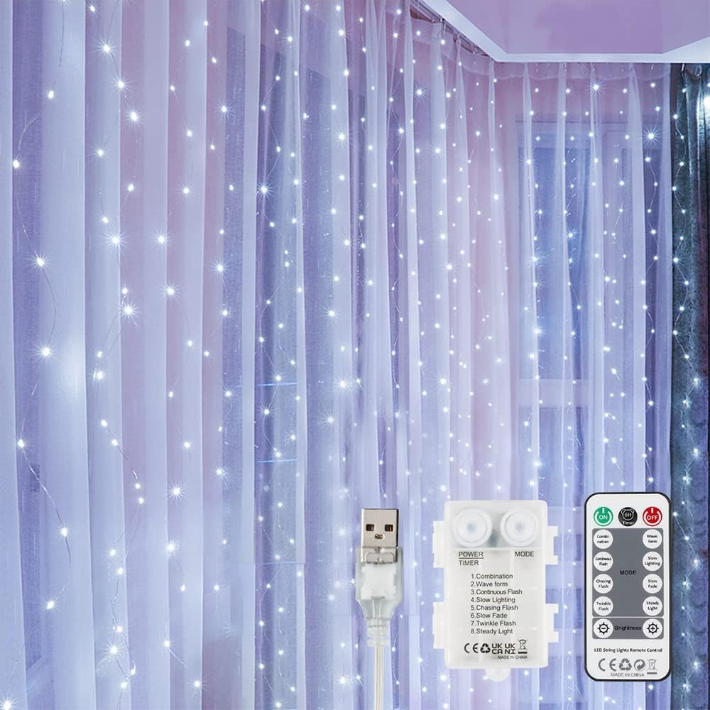 YEOLEHString Lights Curtain USB or Battery Powered, 144 LEDs Bedroom Fairy Lights with Remote for Thanksgiving Hallo ween Wall Party Indoor Outdoor Decor,(Cool White,7.9Ft x 5.9Ft)