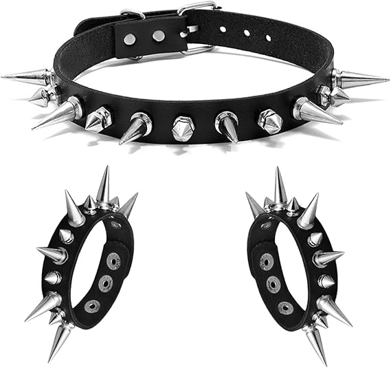 3 Pieces Punk Choker Jewelry Set,Spiked Leather Collar Necklace + Spike Rivets Bracelets Cool Punk Accessories for 80s 90s Women Men