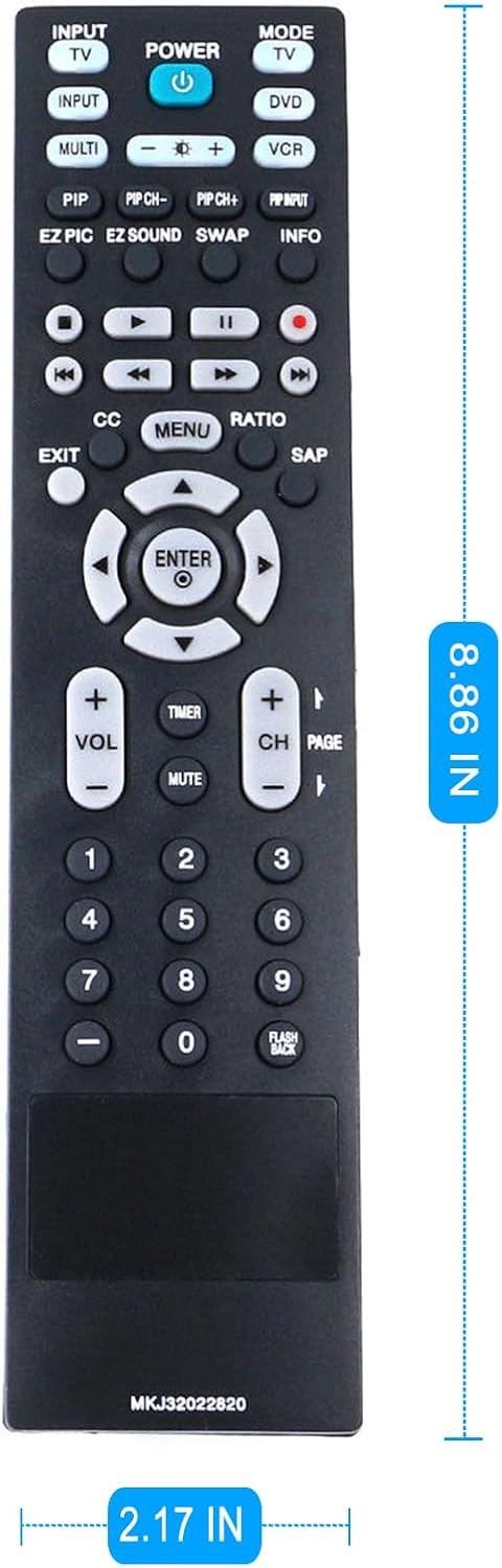 AIDITIYMI MKJ32022820 remote control shown with approximate dimensions of 8.86 inches in length and 2.17 inches in width.