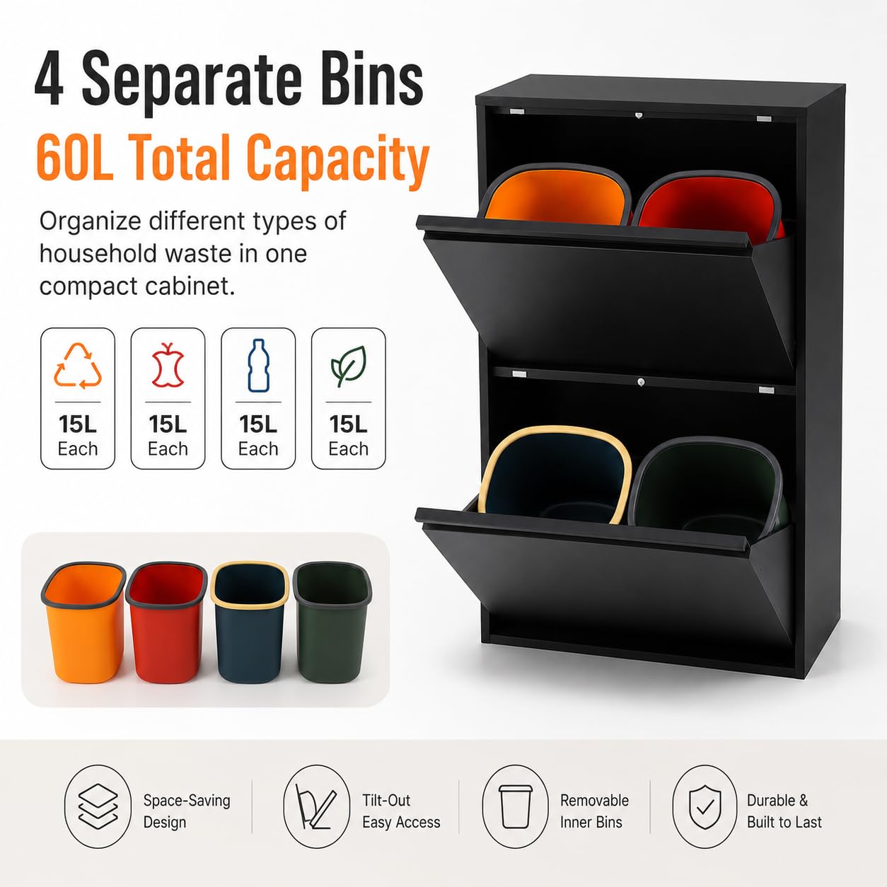 Sistema di raccolta differenziata con 4 contenitori da 15 l, pattumiera da cucina con armadio (nero) | 56 x 24,5 x 91 cm, acciaio laminato a freddo, 4 contenitori da 15 l, montaggio a parete, per cucina, ufficio, commercio