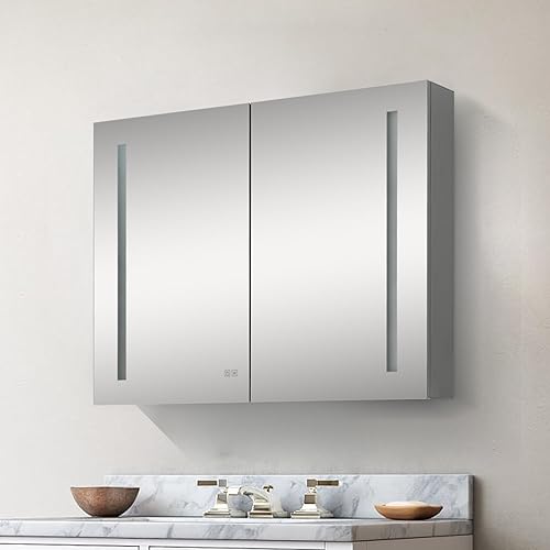 Vacolitel Botiquín de baño de 40 x 30 pulgadas con espejo LED, armario de baño regulable de 3 colores montado en la pared con estantes de