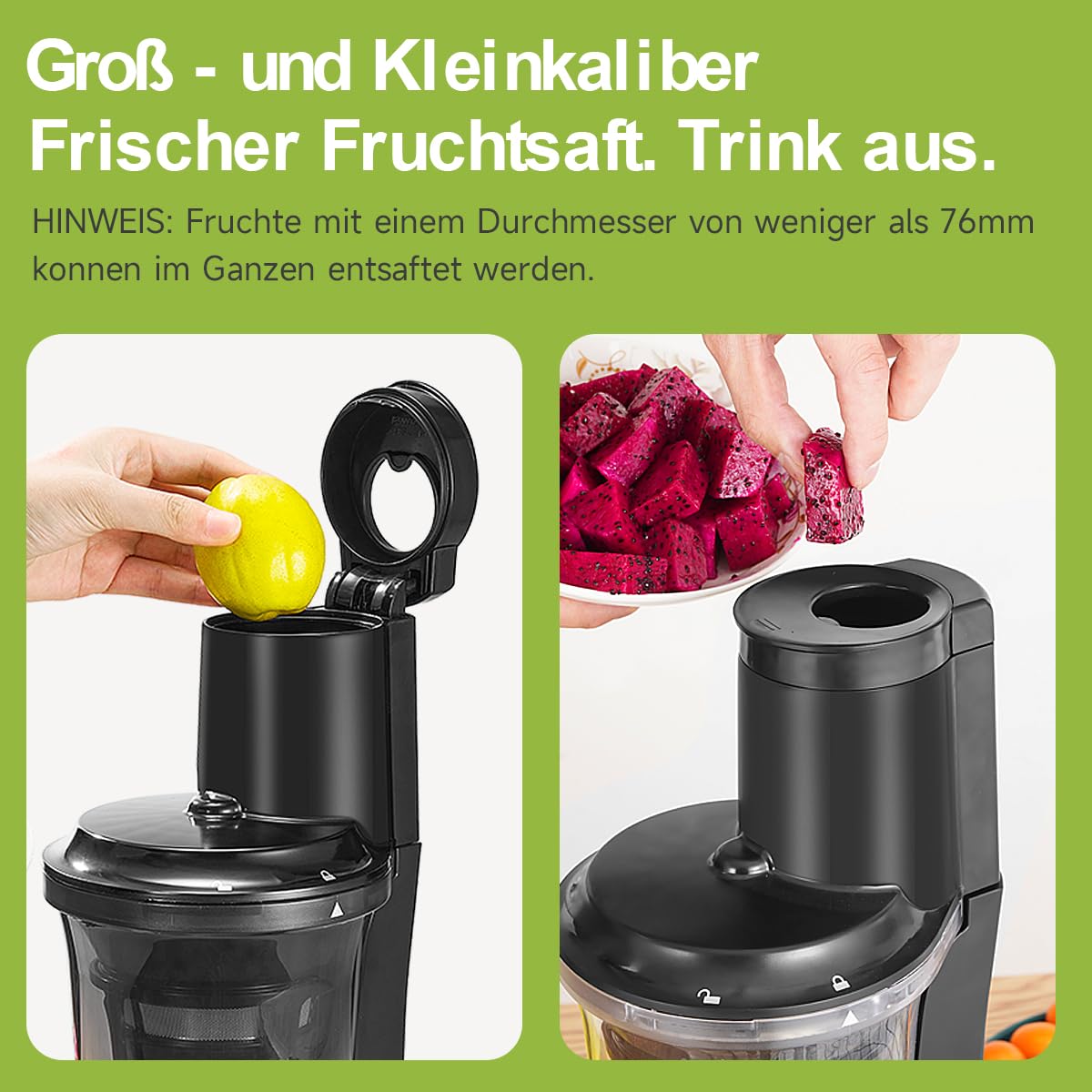 Wiltal Slow Juicer, Elektrischer Entsafter für Obst, Gemüse, Granatapfel, Zitrusfrüchte, Sorbet. 76-mm-Futterschacht mit Weitem Mund, BPA-frei, 150 W, Schwarz Weiß