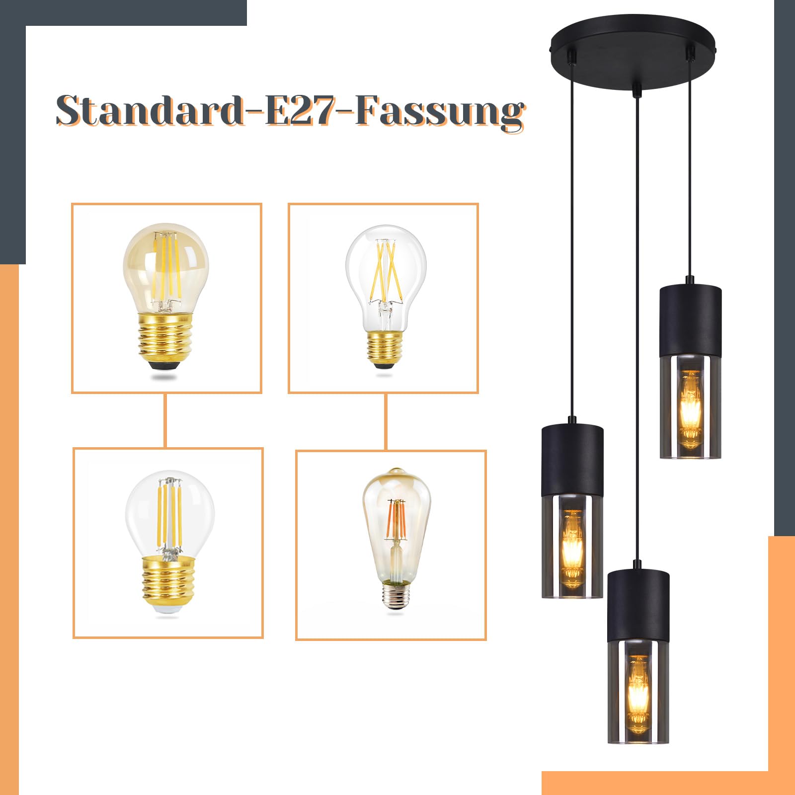 Pendelleuchte Esstisch Hängeleuchte Schwarz - Hängelampe 3 Flammig Glas Rund LED Esstischlampen E27 Vintage Lampenschirm Leuchte für Esszimmer Schlafzimmer Treppe