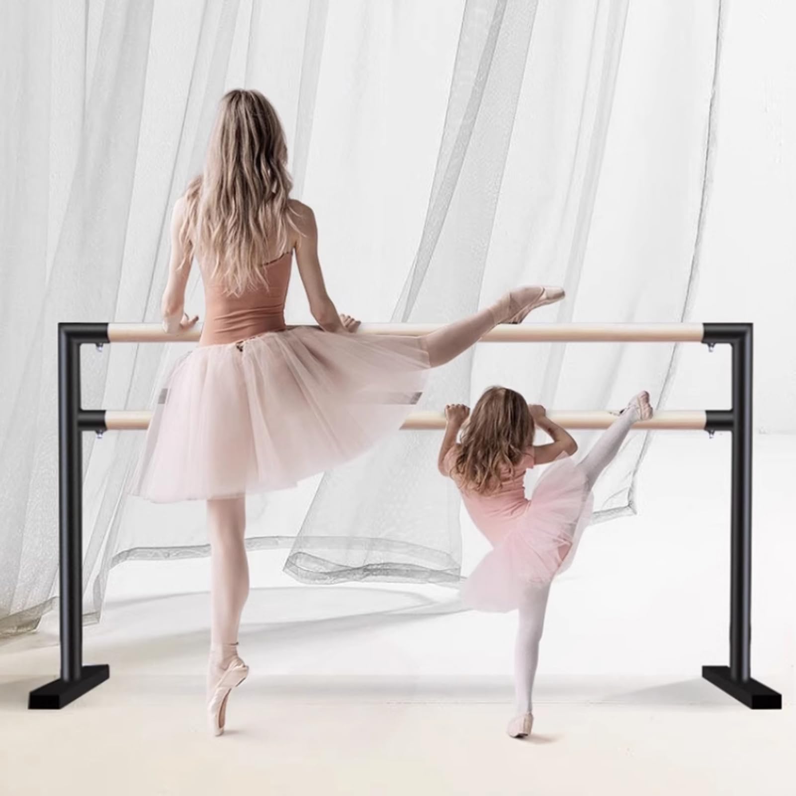 Barra de Ballet Independiente Barra de Baile Resistente de Madera Barra de Ballet Doble para Casa con 4 Almohadillas de Goma Antideslizantes para Niños y Adultos,Estiramientos