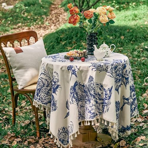 Nappe de table rectangulaire KnSam 150x260 fleurs bleu blanc