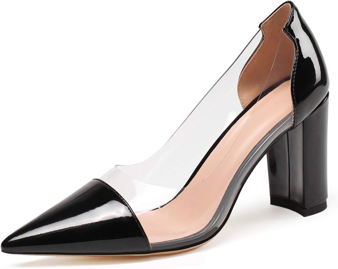 EDEFS Women's Pointed Toe Block Heel Court Shoes Transparent Chunky