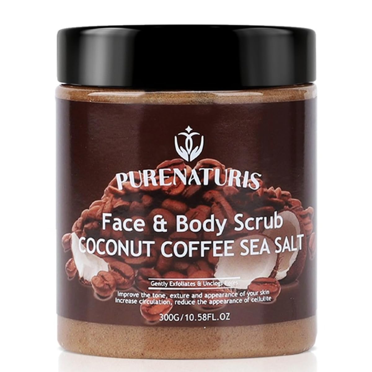 PureNaturisCoconut Coffee Sea Salt Scrub - Exfoliating & Moisturizing Face and Body Scrub with Natural Ingredients, Energizing and Hydrating, 10.58 Ounce