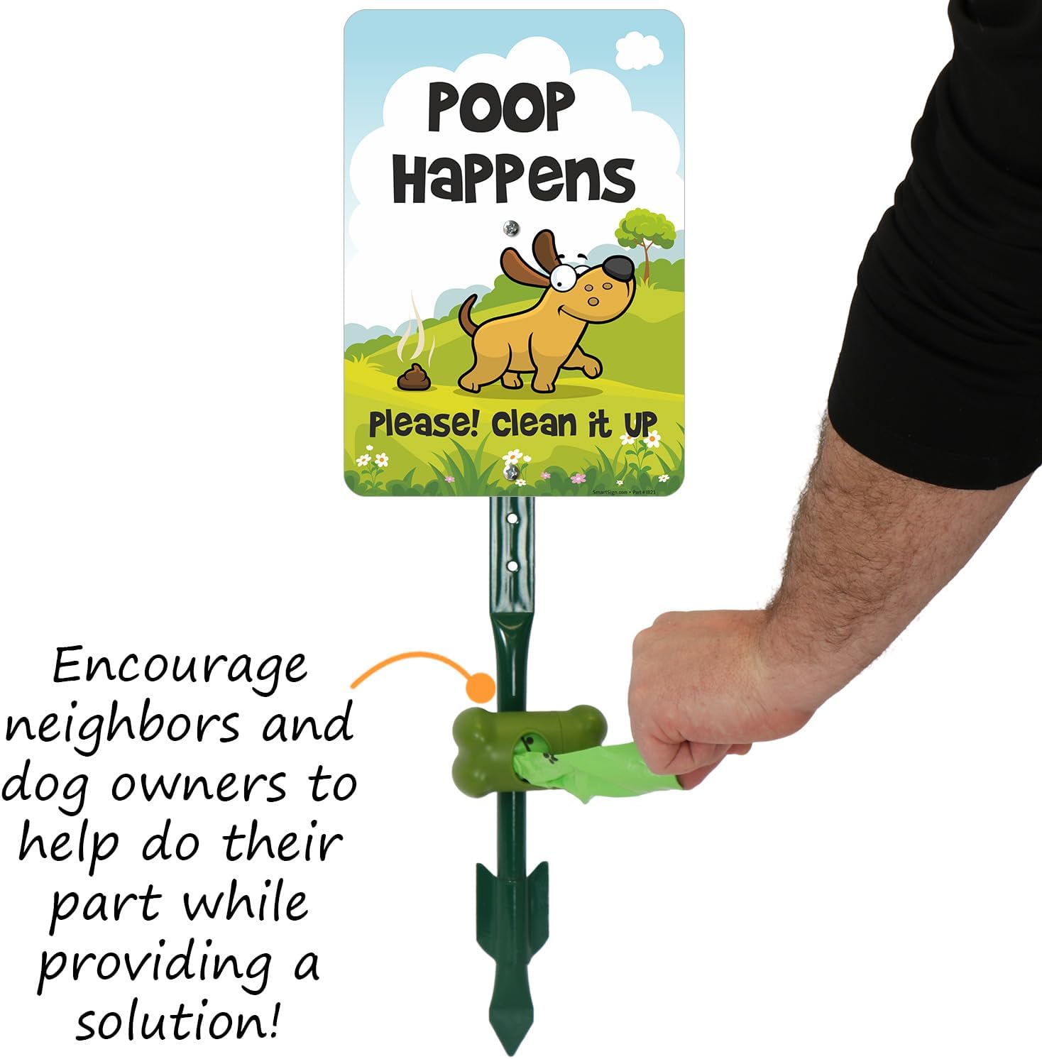 SmartSign Poop Happens, Please! Clean It Up Yard Sign & Clip-On Preloaded Dispenser Combo/Kit with 135 Dog Poop Waste Bags, 7"x10" Rust-proof Aluminum Sign with 18-inch Steel Stake