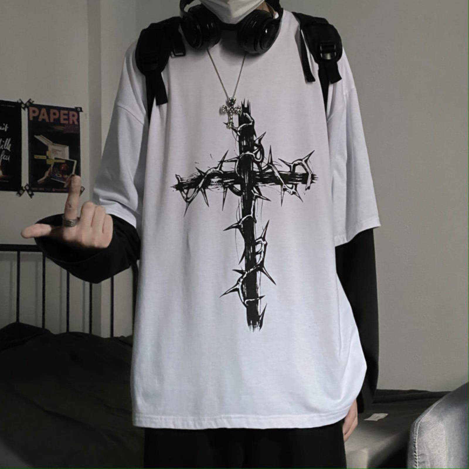 Emo Gothic Kleidung Langarm Oversize T-Shirt Mall Goth Japanisch Koreanische Streetwear Männer Frauen Ästhetische Grunge Kleidung-schwarz,S