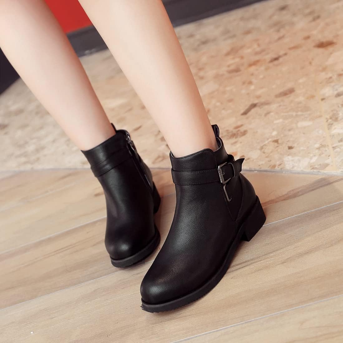 VOKLIN Women's Casual Round Toe Dress Ankle Booties Buckle Leather Zipper Flat Low Heel Dressy Short Boots