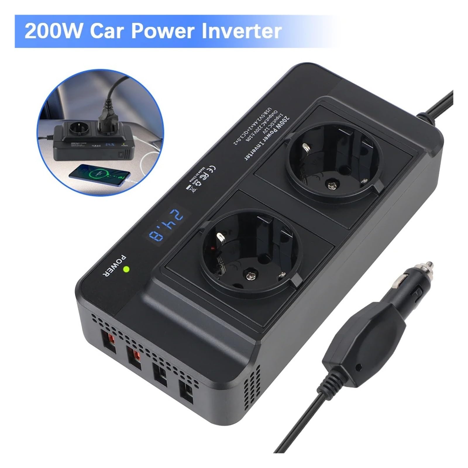 Inversor Inversor Corriente para Coche 200 W CC A CA 12 V A 220 V para Encendedor Cigarrillos con Toma CA UE 4 USB Potencia Máxima 400 W