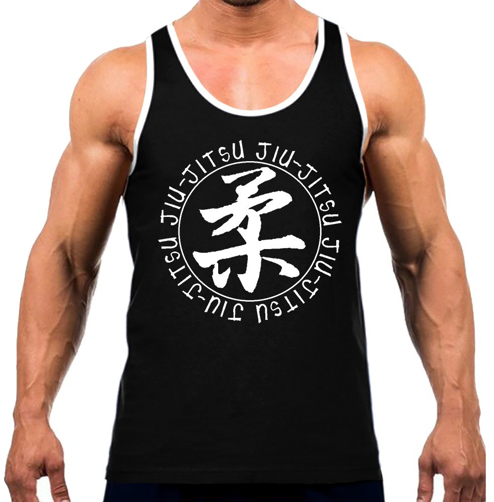 Interstate Apparel IncMen's Circle Jiu Jitsu Fighter Tee White Trim Black Tank Top Black