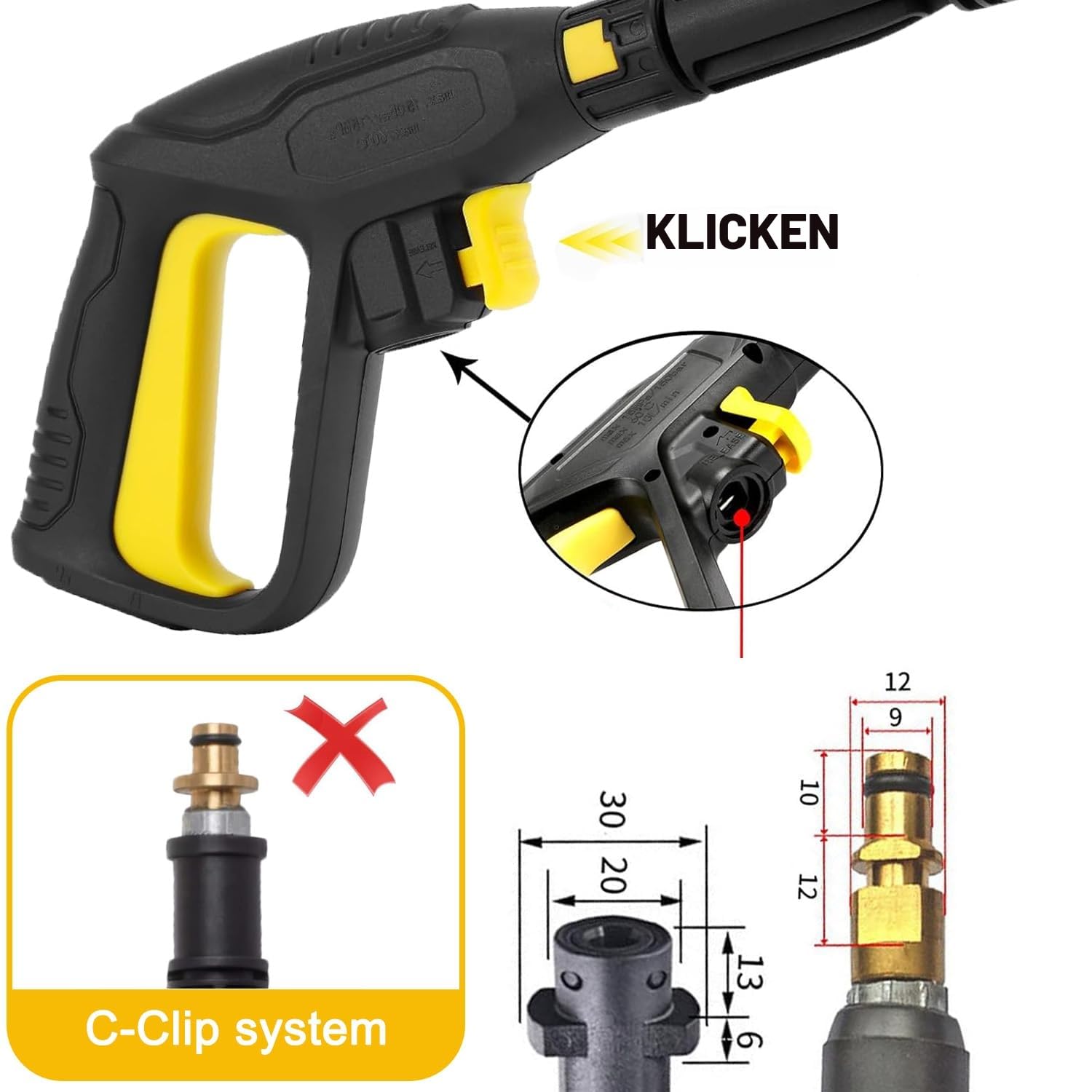 2175 PSI Max Schnellanschluss Verbesserte Hochdruckreiniger Ersatzpistole für Kärcher K2-K7, Einfache Montage mit Verlängerungsrohr, Einstellbare Sprühdüse, Dichtungsfreier O-Ring Adapter