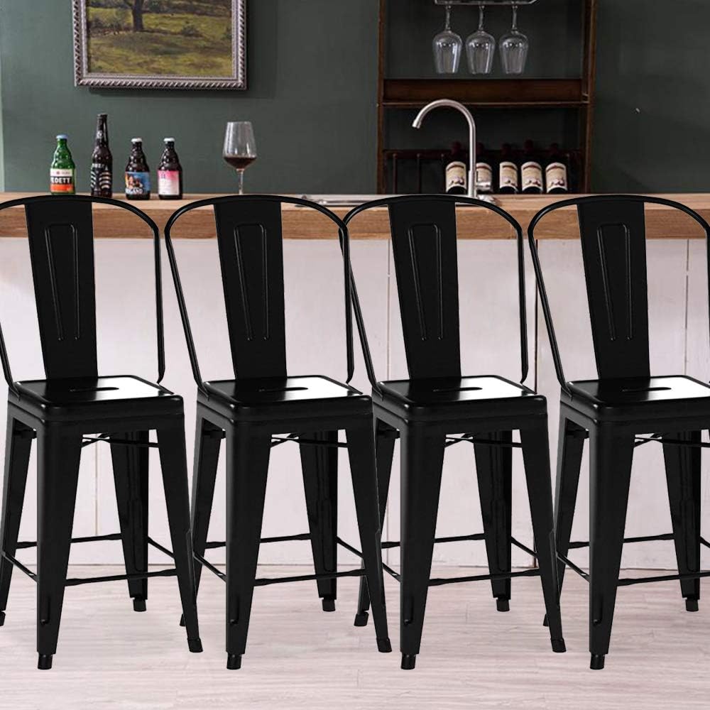 Metal Bar Stools Set of 4, Counter Height Barstools High Backless Industrial Stackable Metal Bar Chairs for Bistro Kitchen Dining Room Cafe (High Back,30in-Black)
