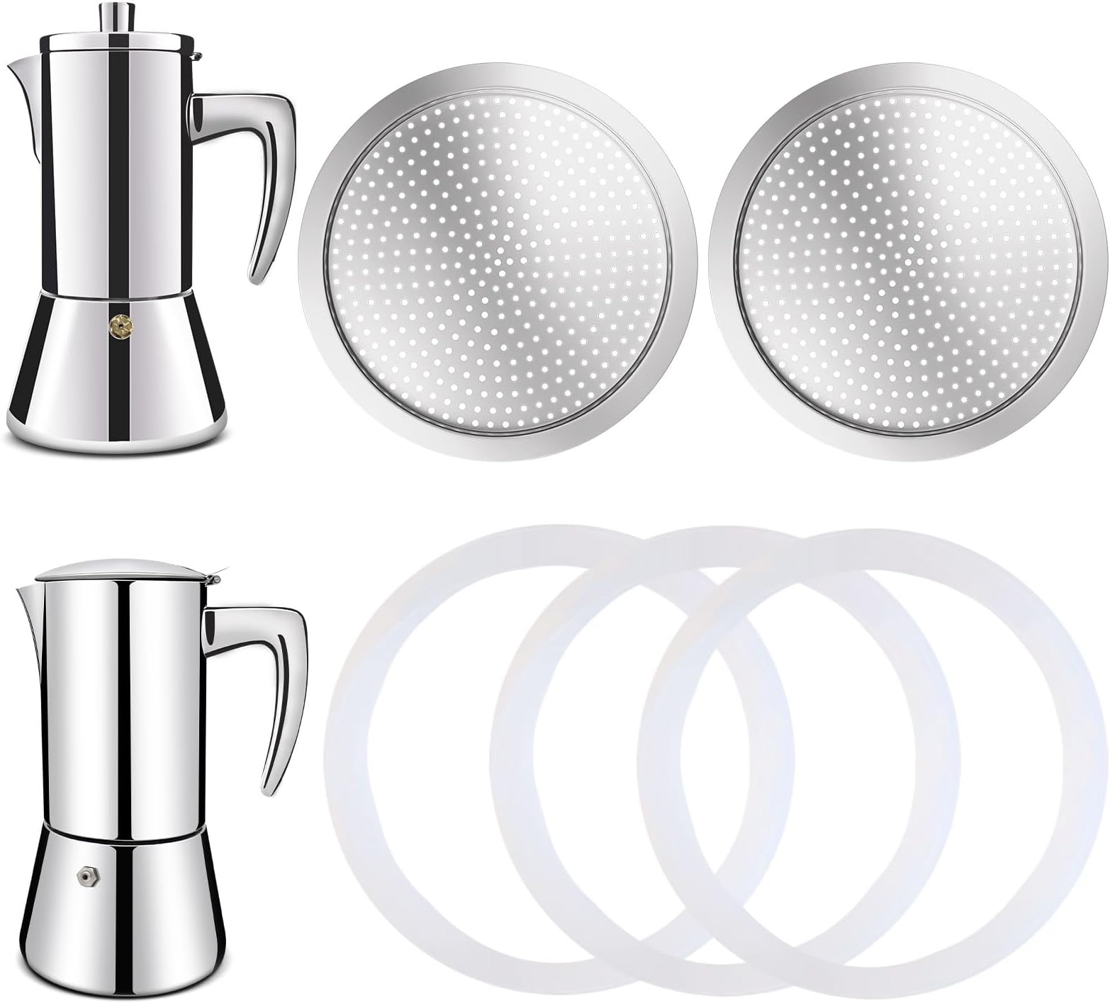 2 Pcs Filter with 3 Pcs Silicone Gasket Seals for 4 Cup Stovetop Espresso Coffee Maker Replacement Parts for 304 Stainless Steel Moka Pot